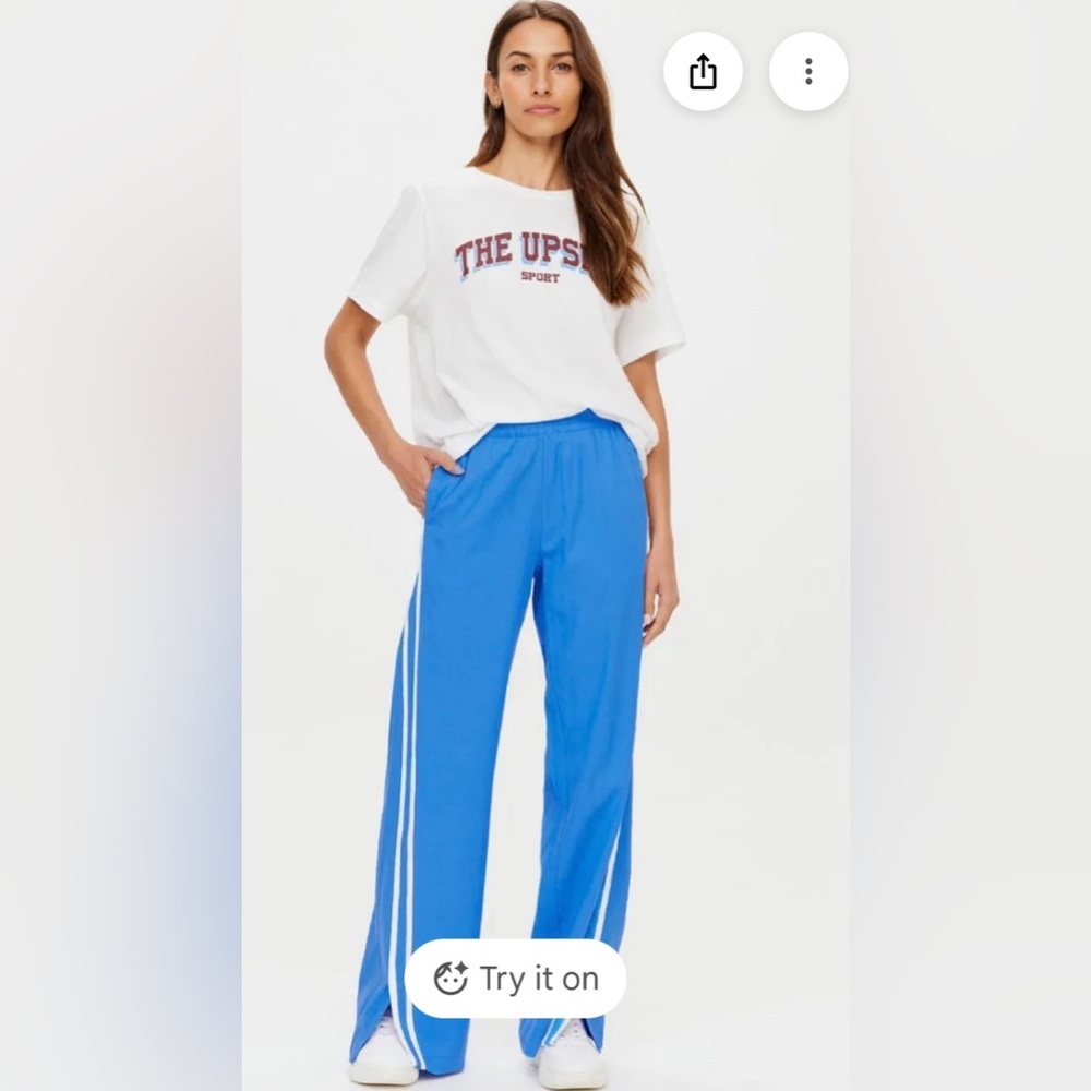The upside Juliet pant split hem track pant lightweight blue white stripe small